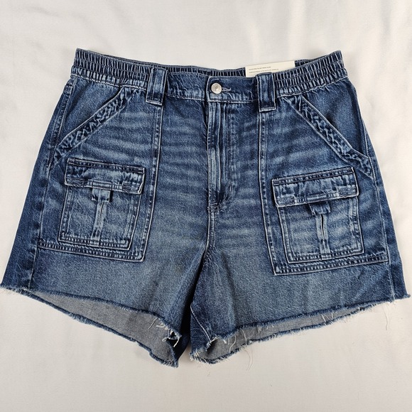 American Eagle Jean Cargo Shorts Highest Rise 90s Boyfriend Blue Denim  Sz 14 - Picture 2 of 5
